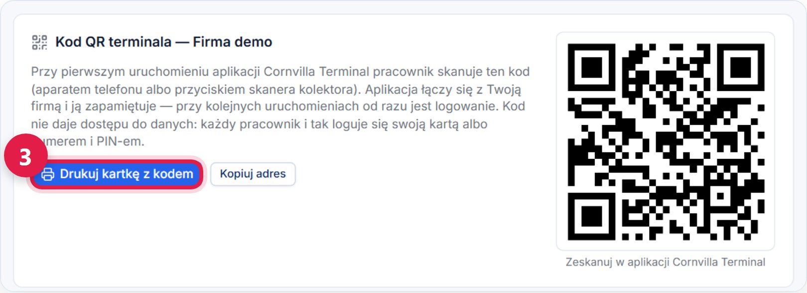Karta Kod QR terminala z przyciskiem Drukuj kartkę z kodem