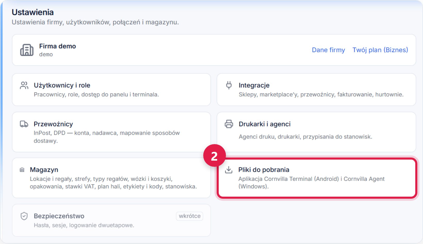 Strona Ustawienia z zaznaczonym kafelkiem Pliki do pobrania
