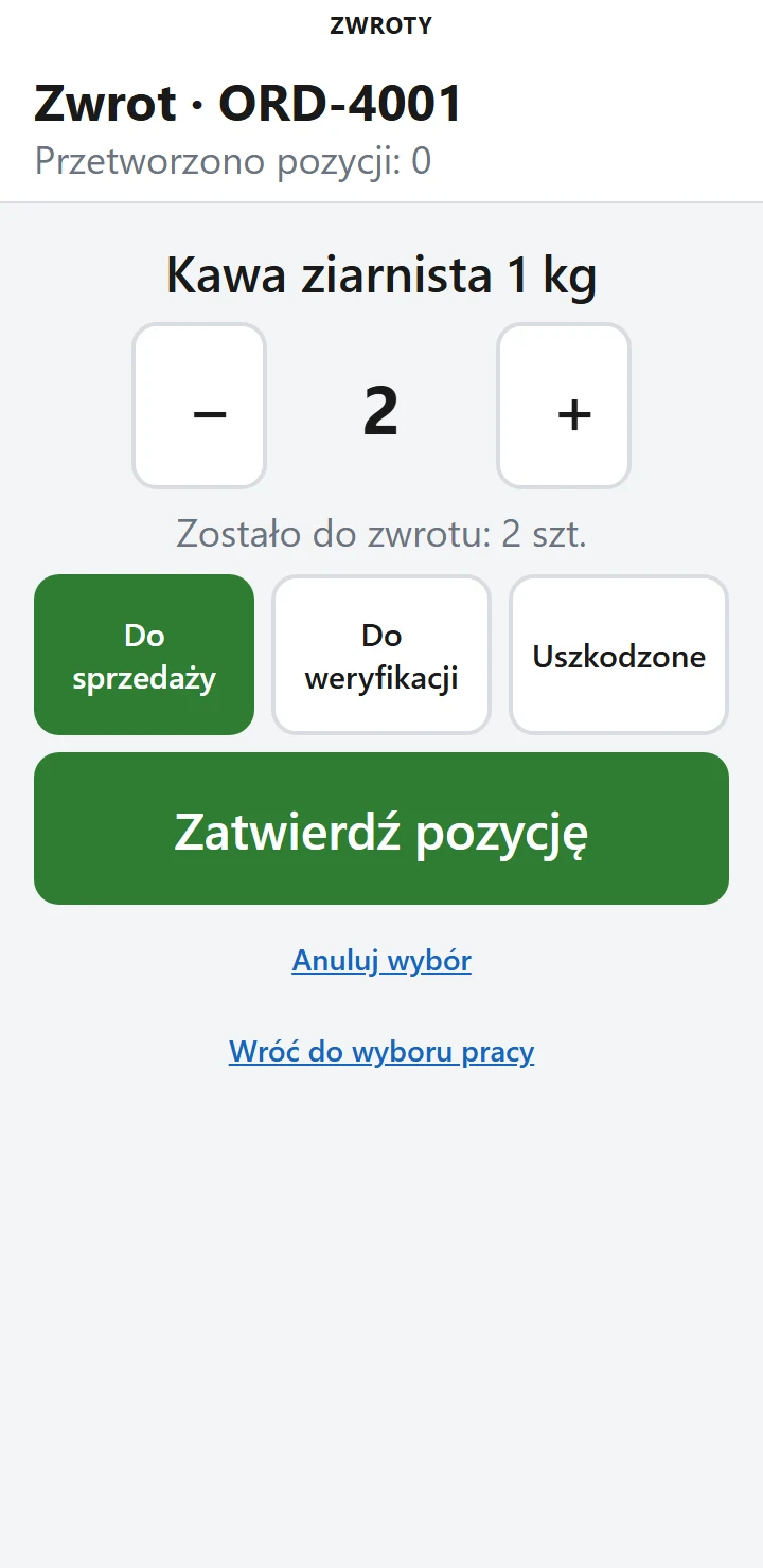 Zwrot w aplikacji Cornvilla Terminal: ilość i wybór — do sprzedaży, do weryfikacji albo uszkodzone